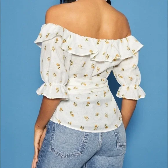 Reformation Wolfgang Off The Shoulder Linen Wrap Top with Yellow Roses - Picture 4 of 7